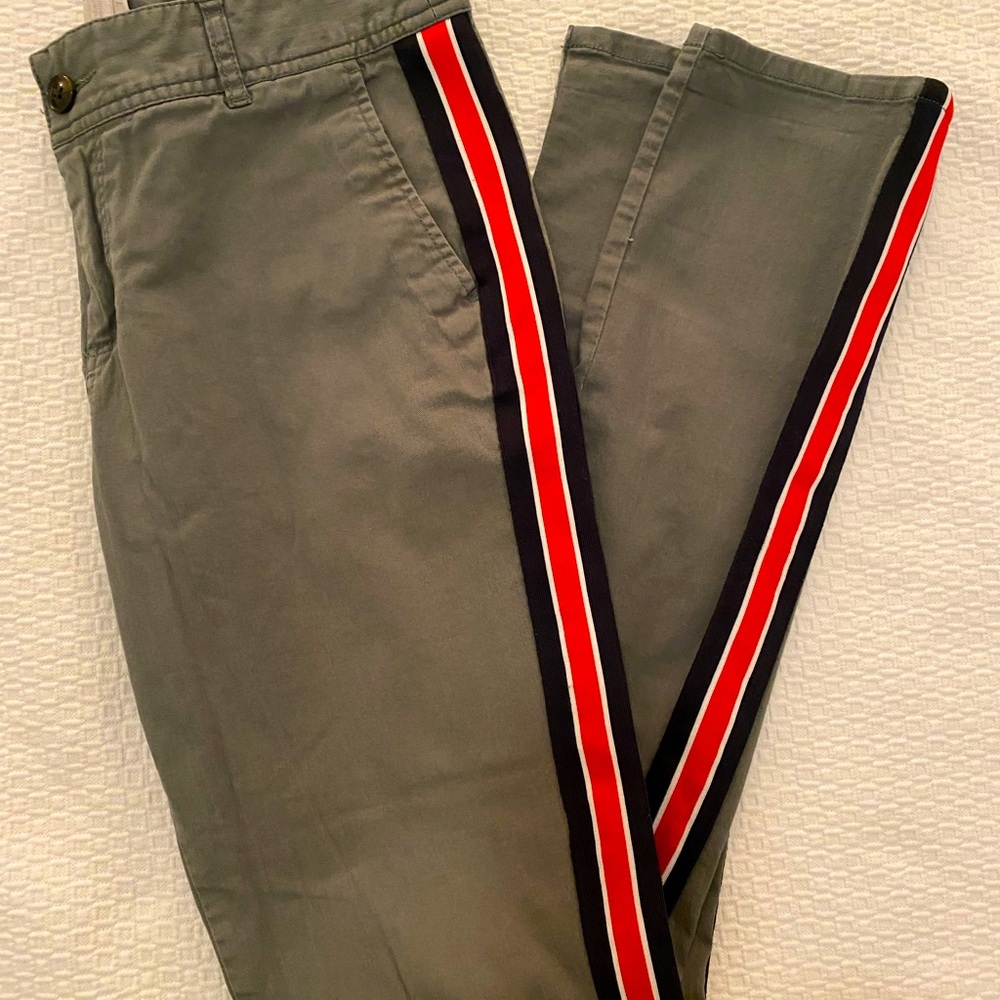 Trendy khaki military straight pants with navy, red & white side stripe - size 7